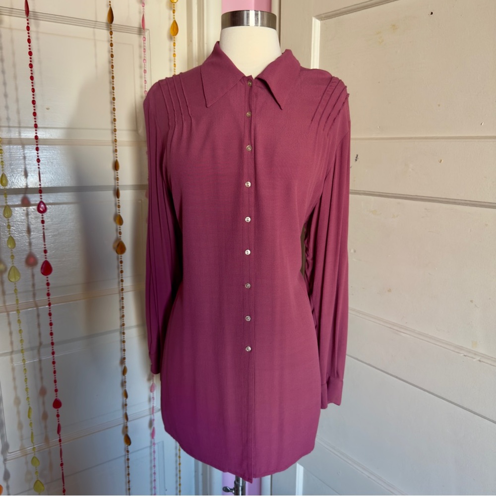 J. Jill Burgundy Button Front Tunic Top M Cinch Back Long Sleeve